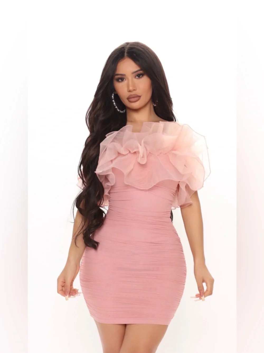 Fashion Nova Ruffle Mami Mesh Mini Dress - Mauve - Picture 2 of 8